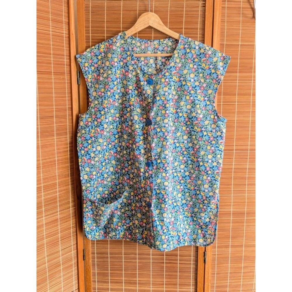Vtg 70s Handmade Floral Cobbler Apron Smock Top Vest Blue Calico Cottagecore L F
